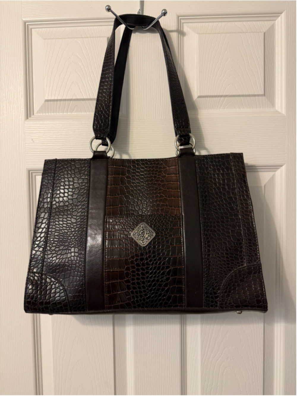 Coldwater Creek Juliana Brown Croc Embossed Tote Bag Laptop Case EUC